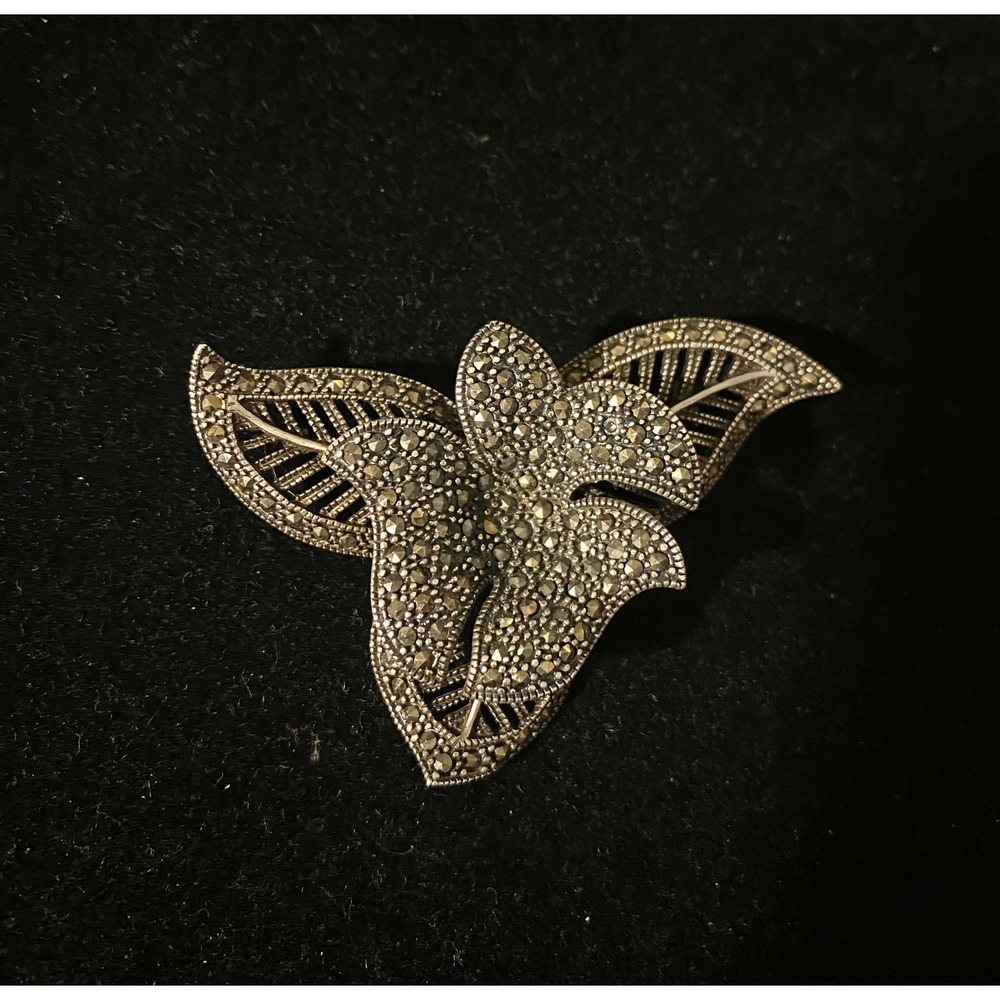 Vintage Sterling Silver & Marcasite Flower Pin 3-D design